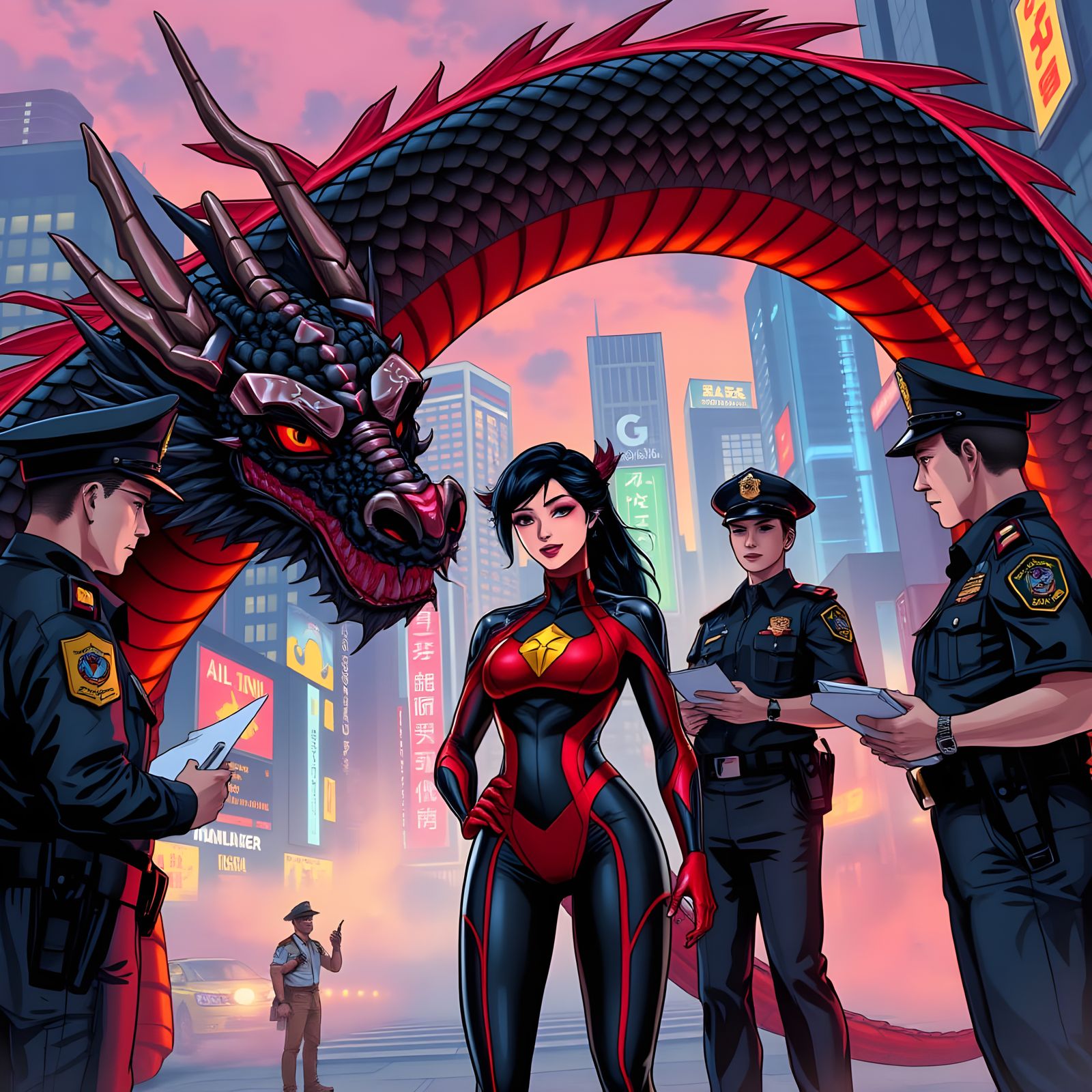 Asian Superheroine in Heroic Costume Discusses Crime with Lo...