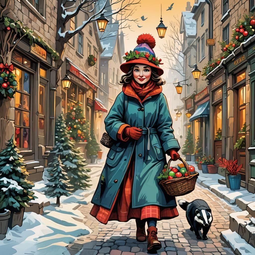Festive Badger and Woman in Winter Street Scene