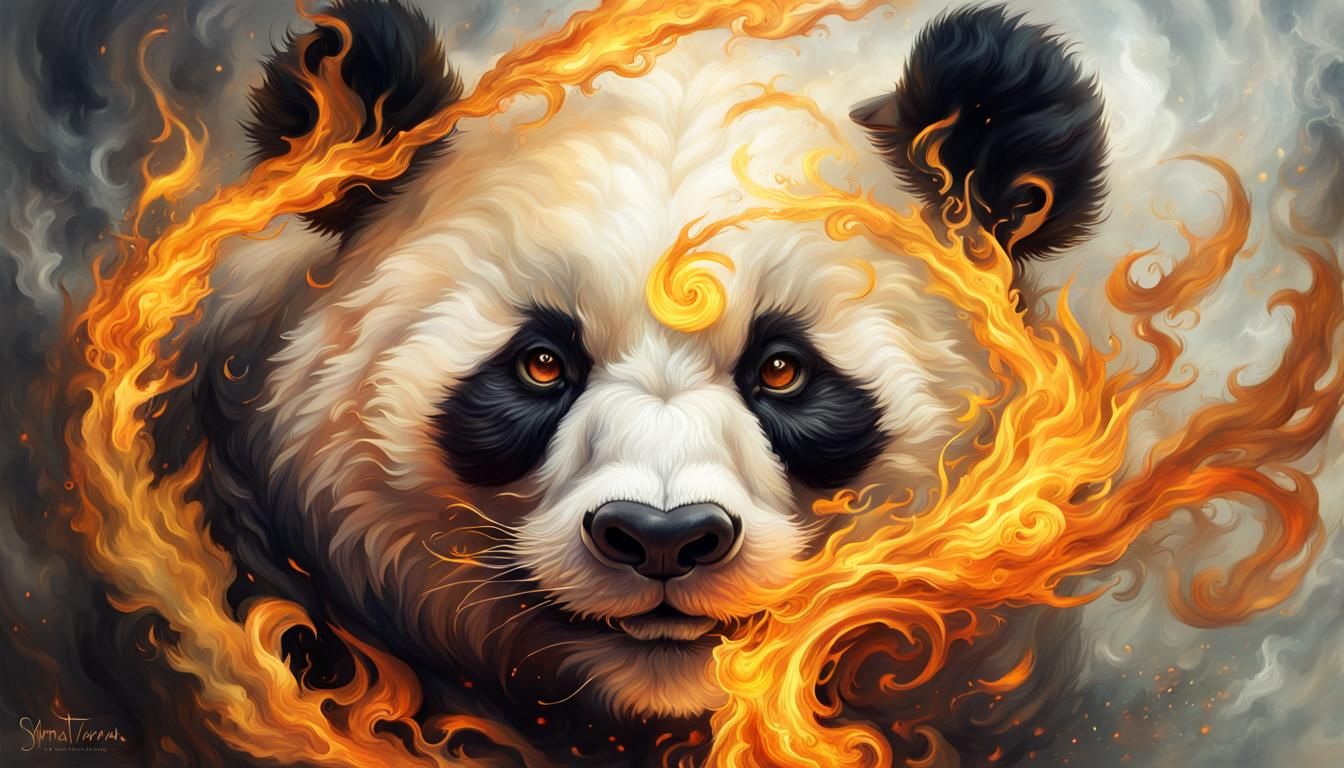 Fantasy Fire Panda Portrait in Oil Painting Style