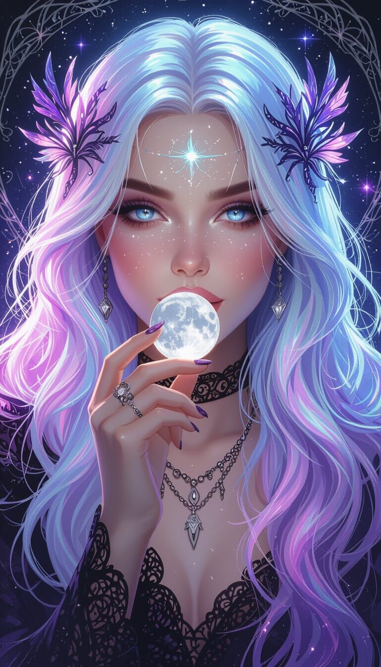 Boho-Gothic Woman Holds Glowing Moon, Ethereal Digital Art