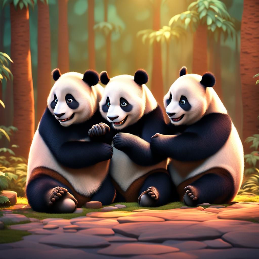 Pandas Playing: 3D Digital Art in Pixar Style