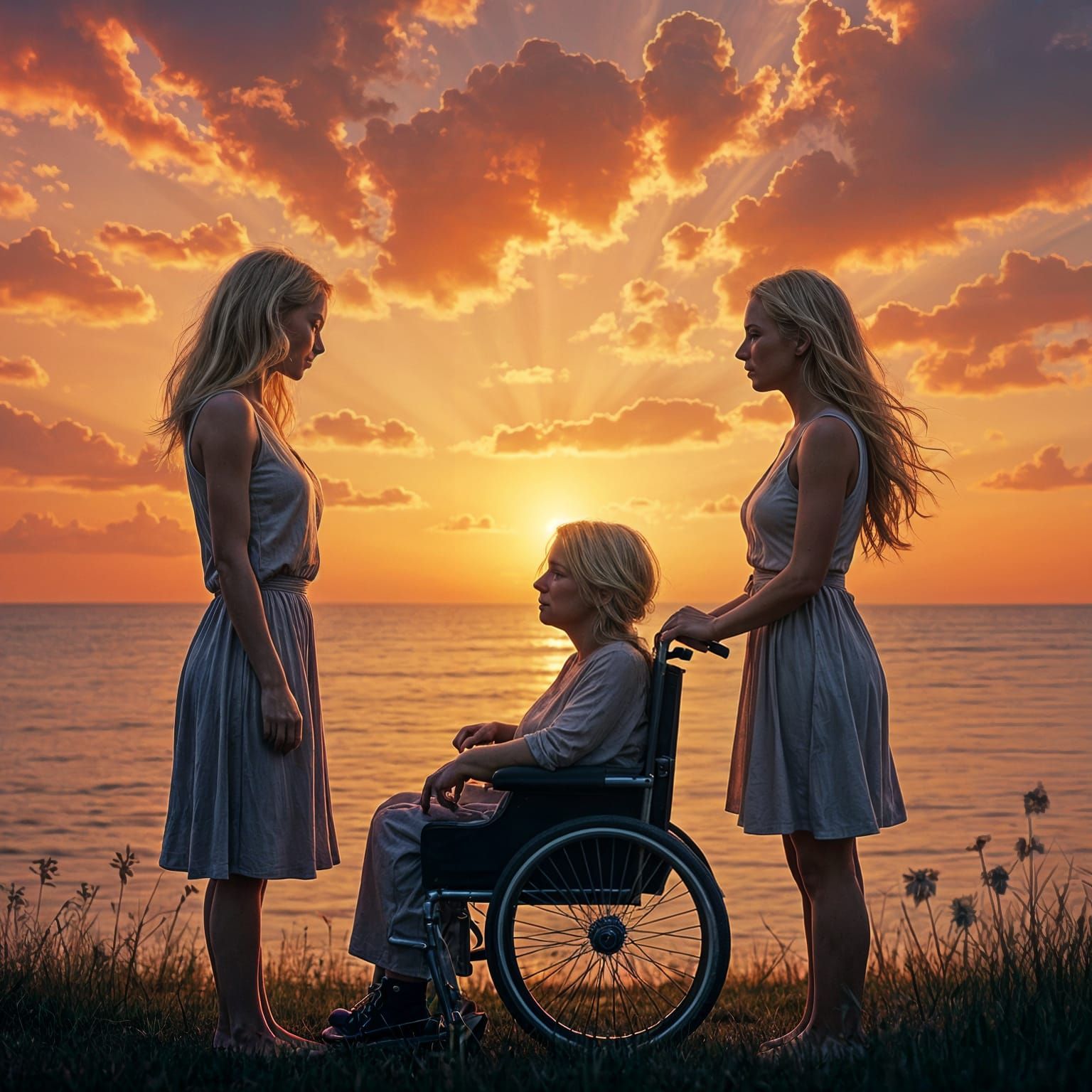 Sisters in Warmth: Three Generations United in Golden Light