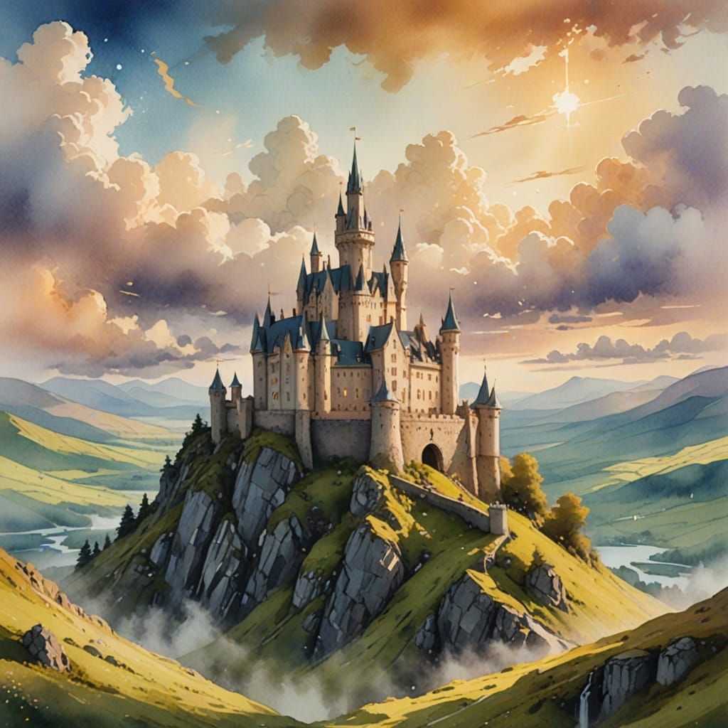 Magical Castle in Irish Mountains as Watercolor Art