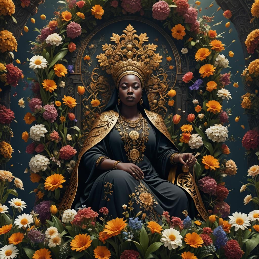 Surreal Black Madonna on Floral Throne