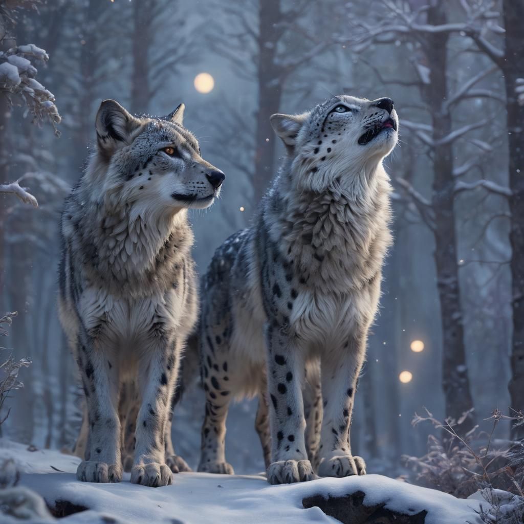 Wolf-Leopard Hybrid Gazing at Moon, Digital Art