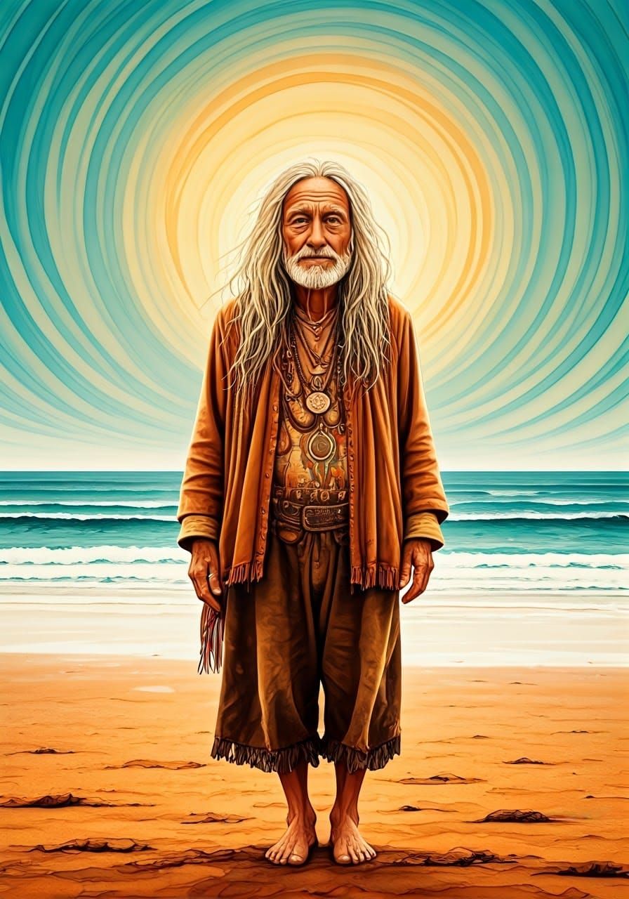 Dreamy Hippie Beach Illustration in Art Nouveau Style