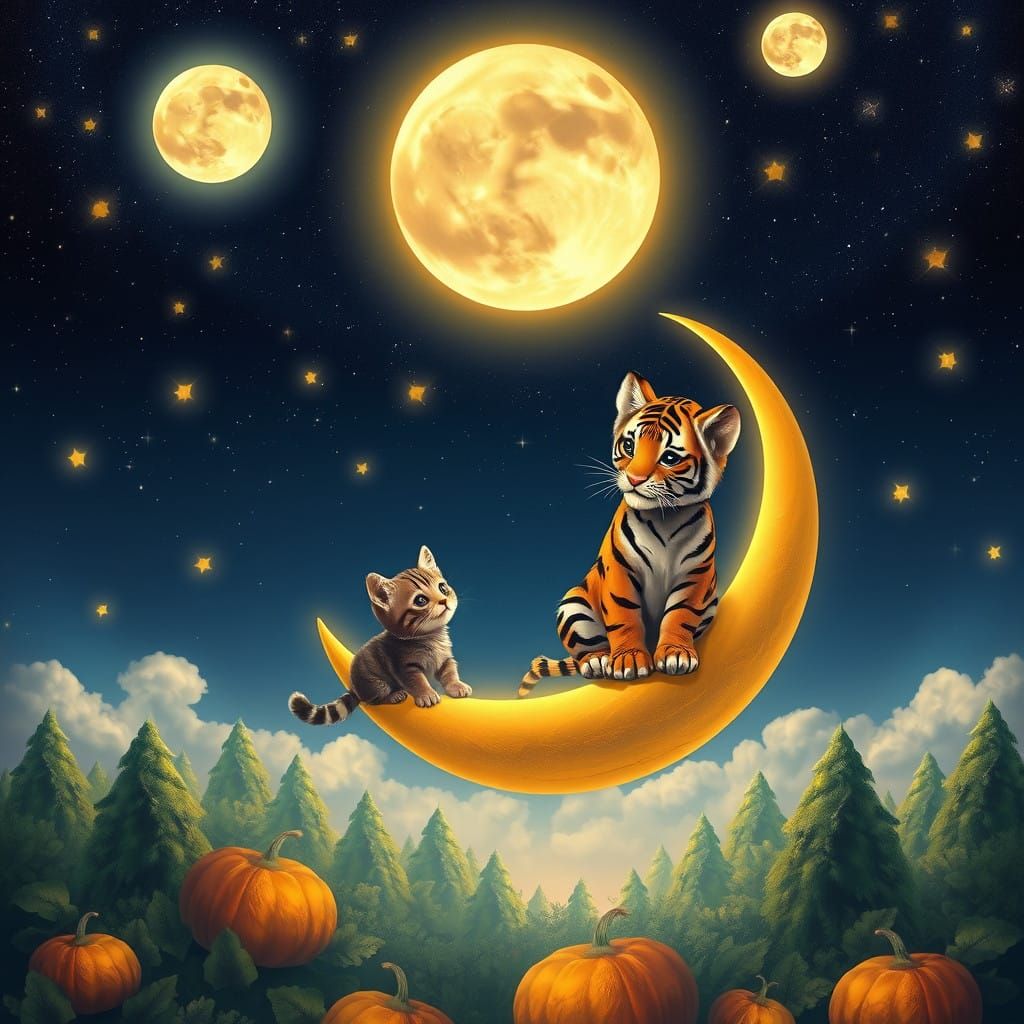Whimsical Tiger Friends Under the Starry Night Sky