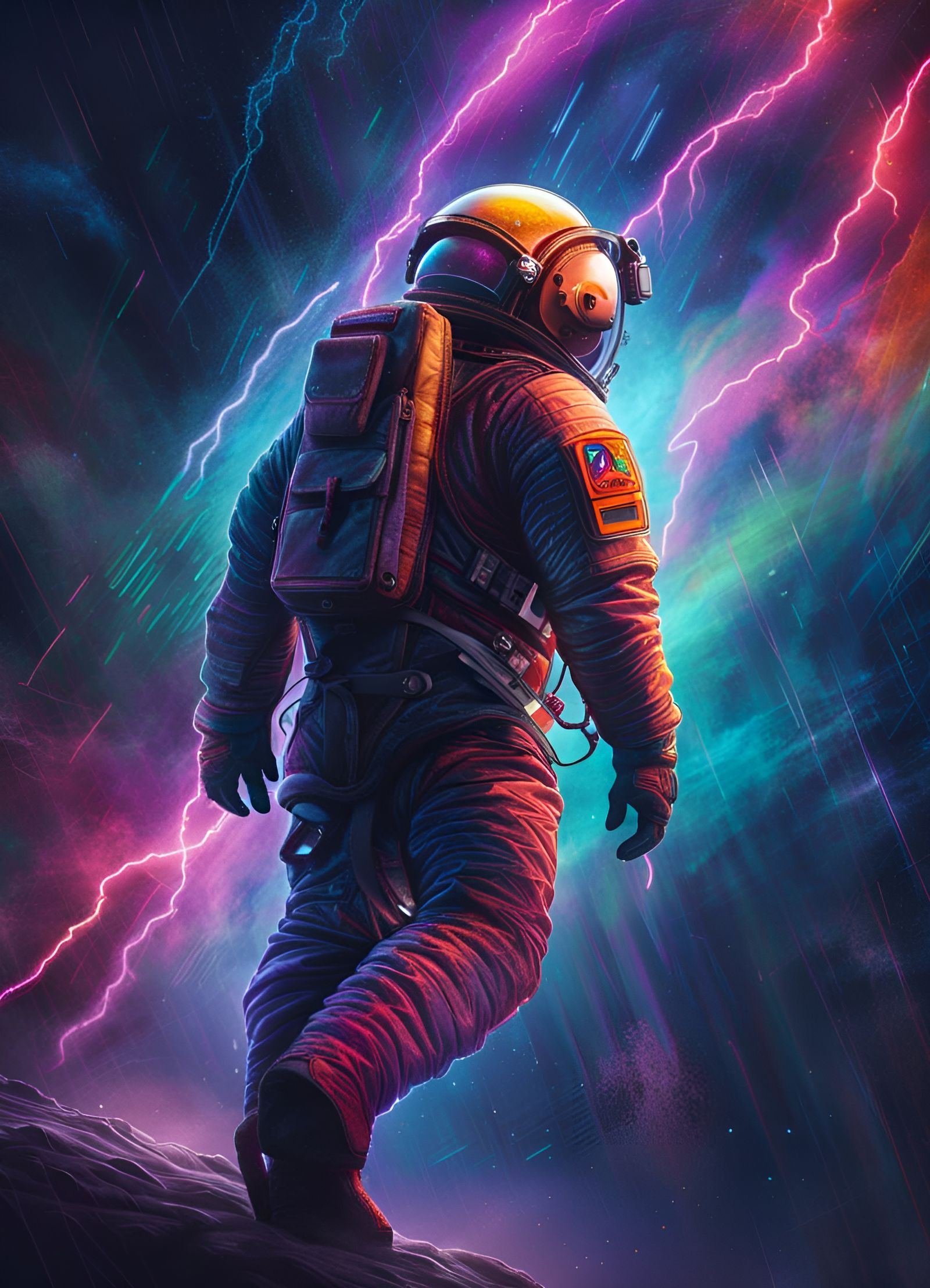 Astronaut in Galactic Storm with Neon Lightning
