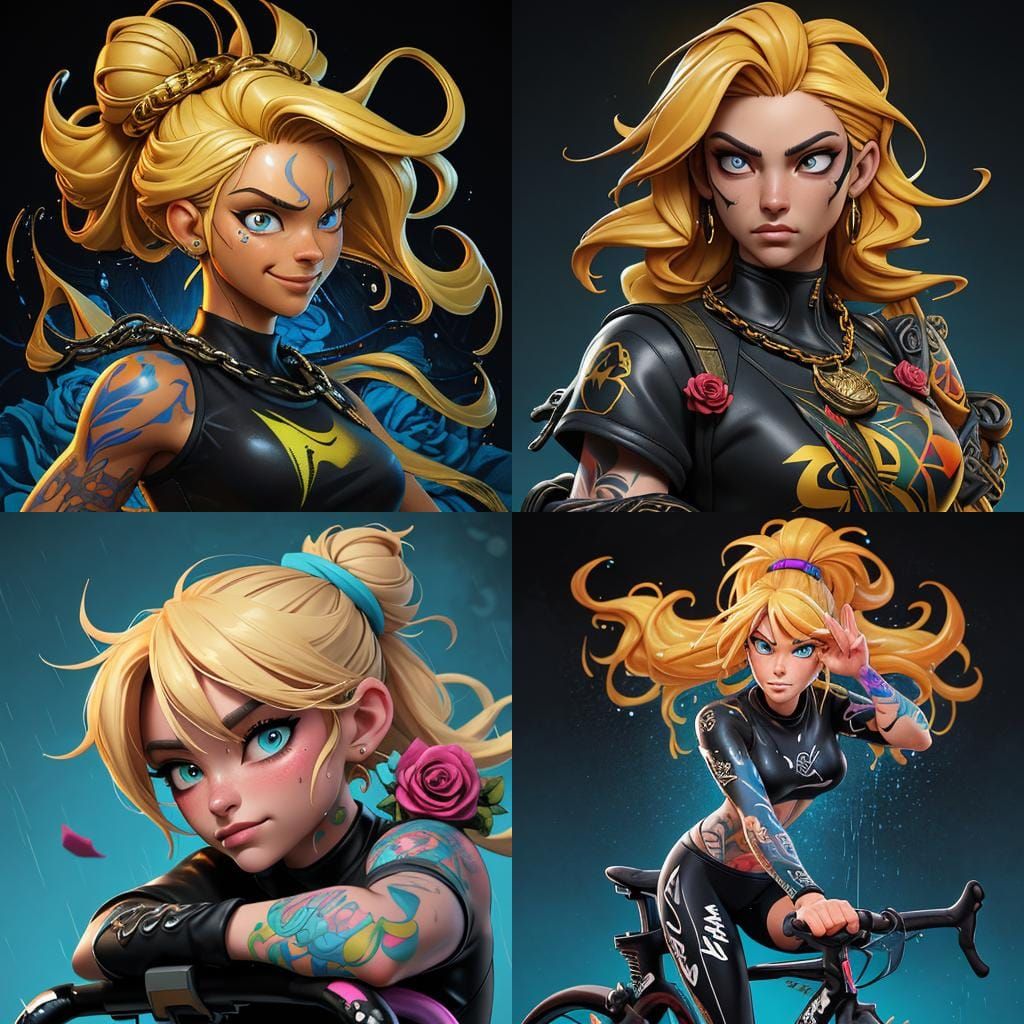 Tattooed Woman on Bike in Comic Book Style