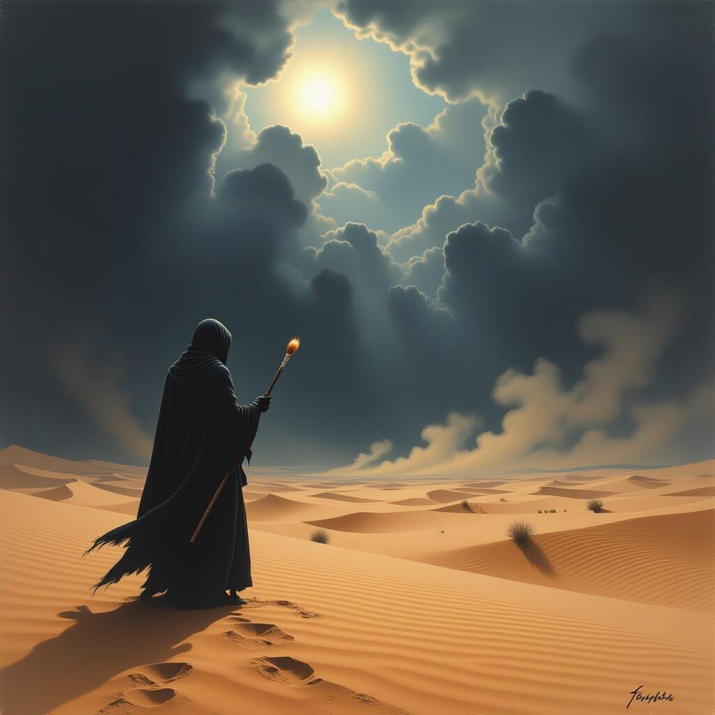 Artist Paints Desert Under Dramatic Chiaroscuro Lighting
