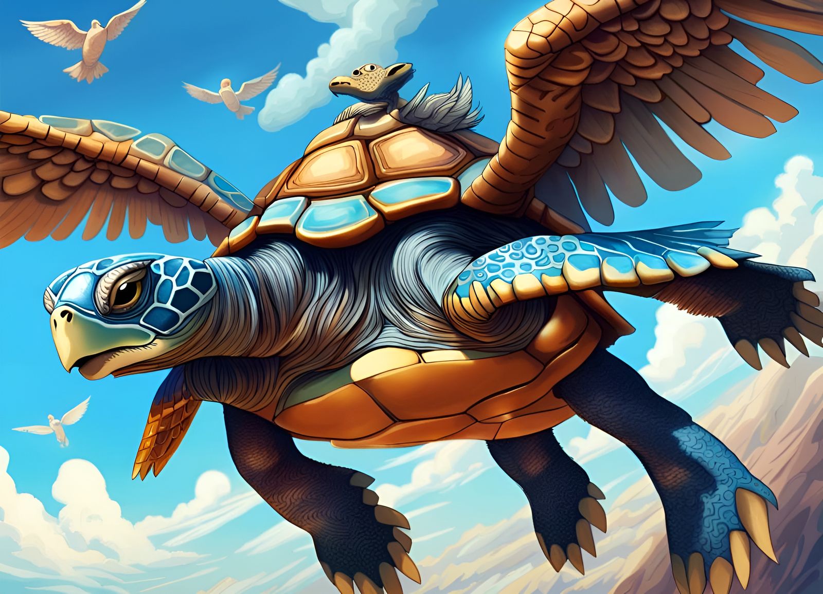 Winged Turtle in Flight: Fantasy Illustration