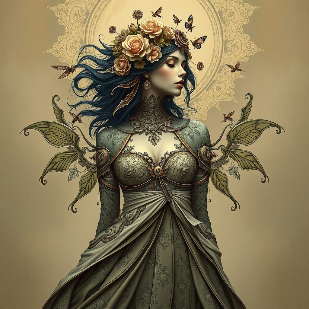 Ethereal Woman in Flowing Garments: Detailed Art
