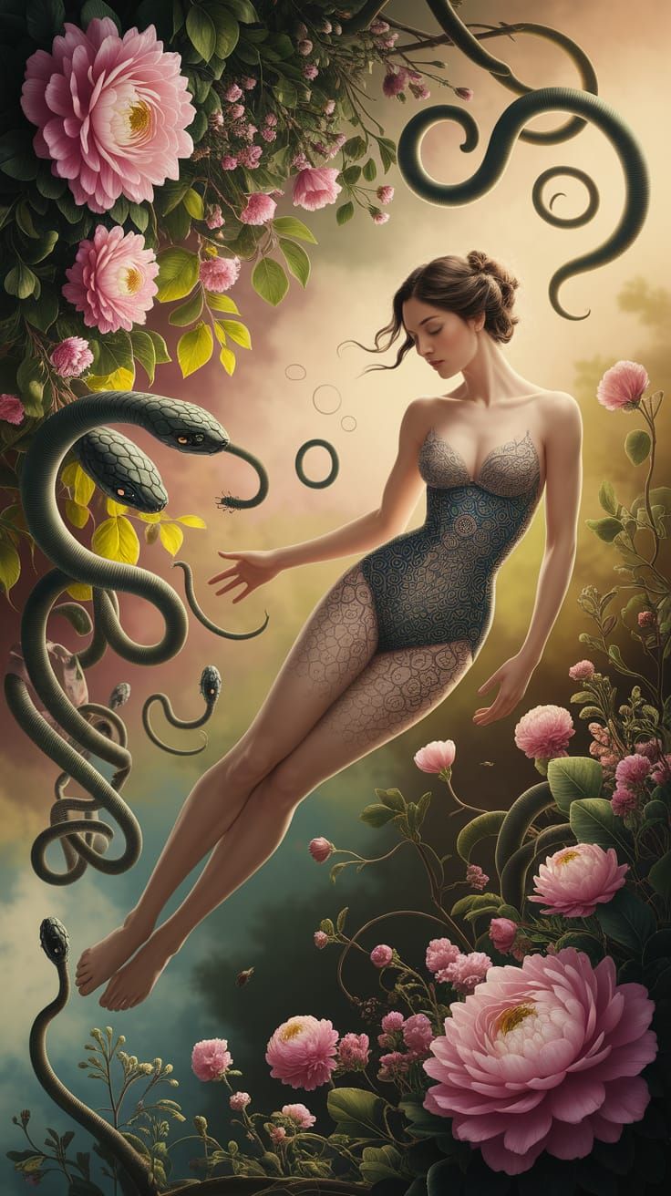 Surreal Woman Enveloped in Whimsical Nature