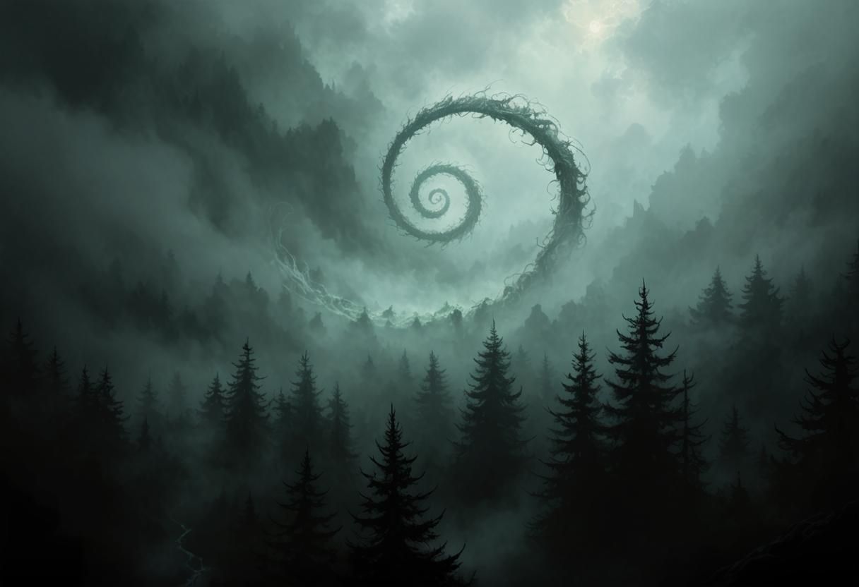 Misty Spiral Over Dark Evergreen Forest: Dungeon Synth Art