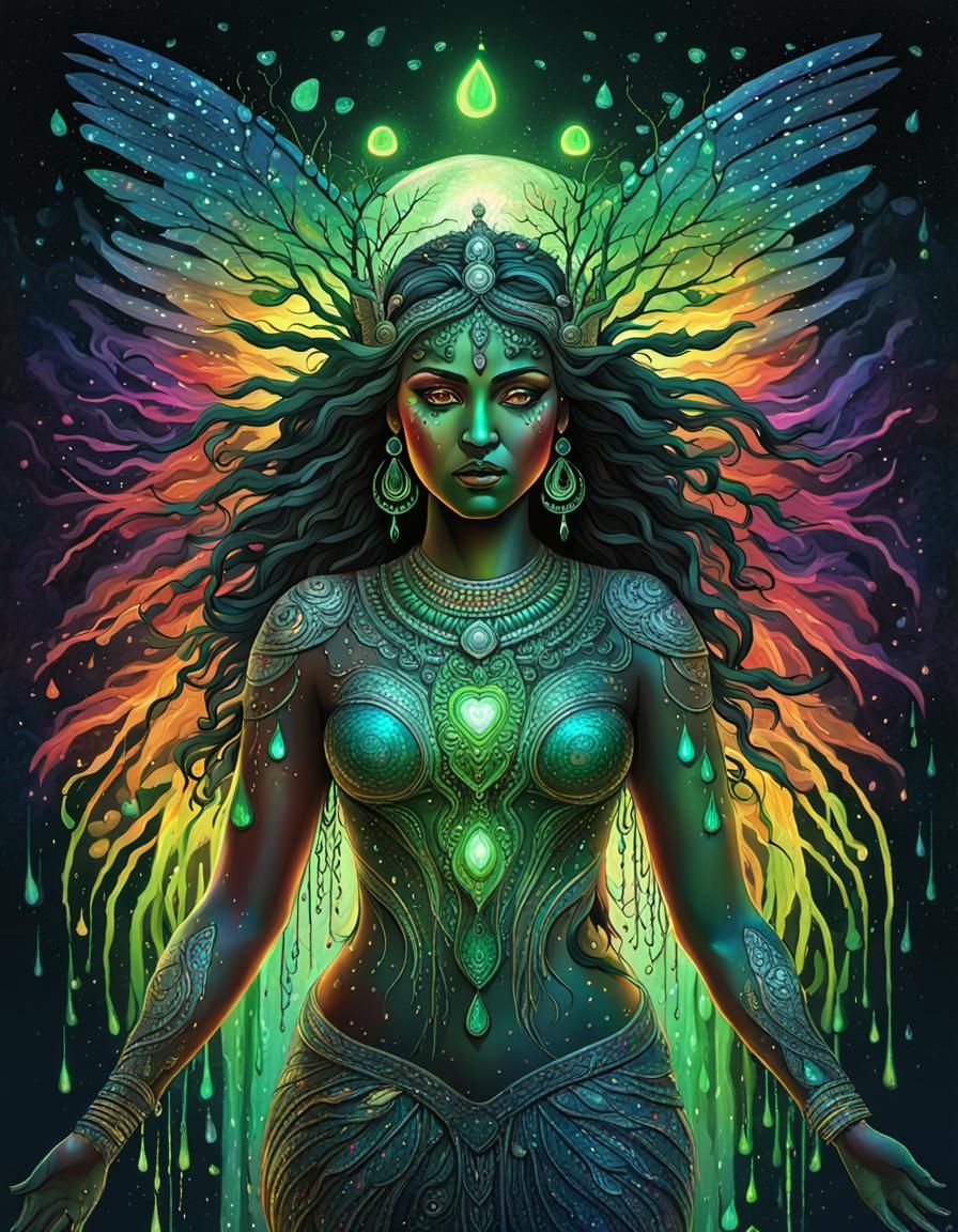 Indian Goddess with Rainbow Branches and Wings