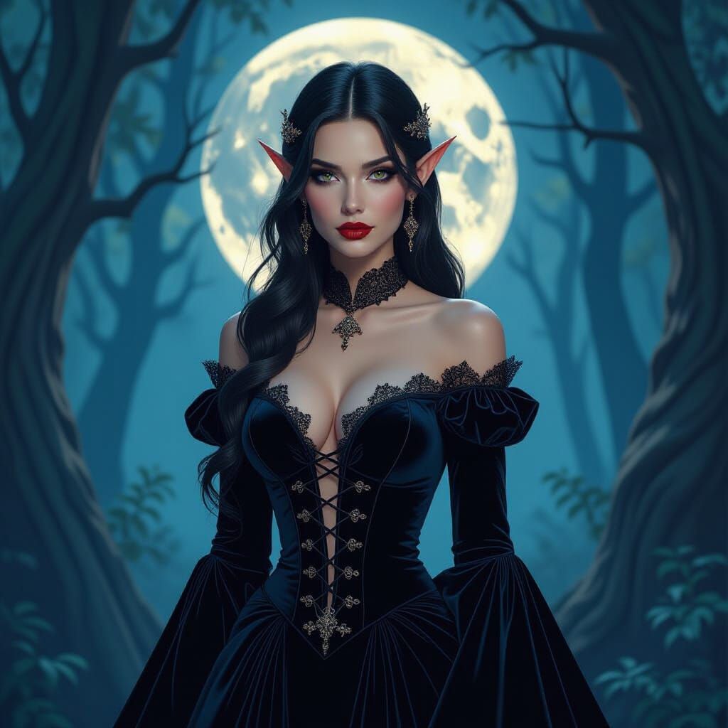 Vampire Elf in Moonlit Forest, Art Nouveau Style