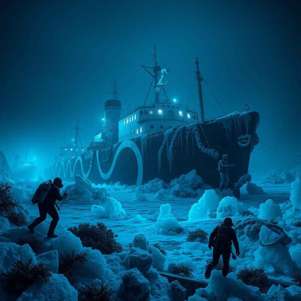 Abandoned Soviet Icebreaker in Bioluminescent Ice