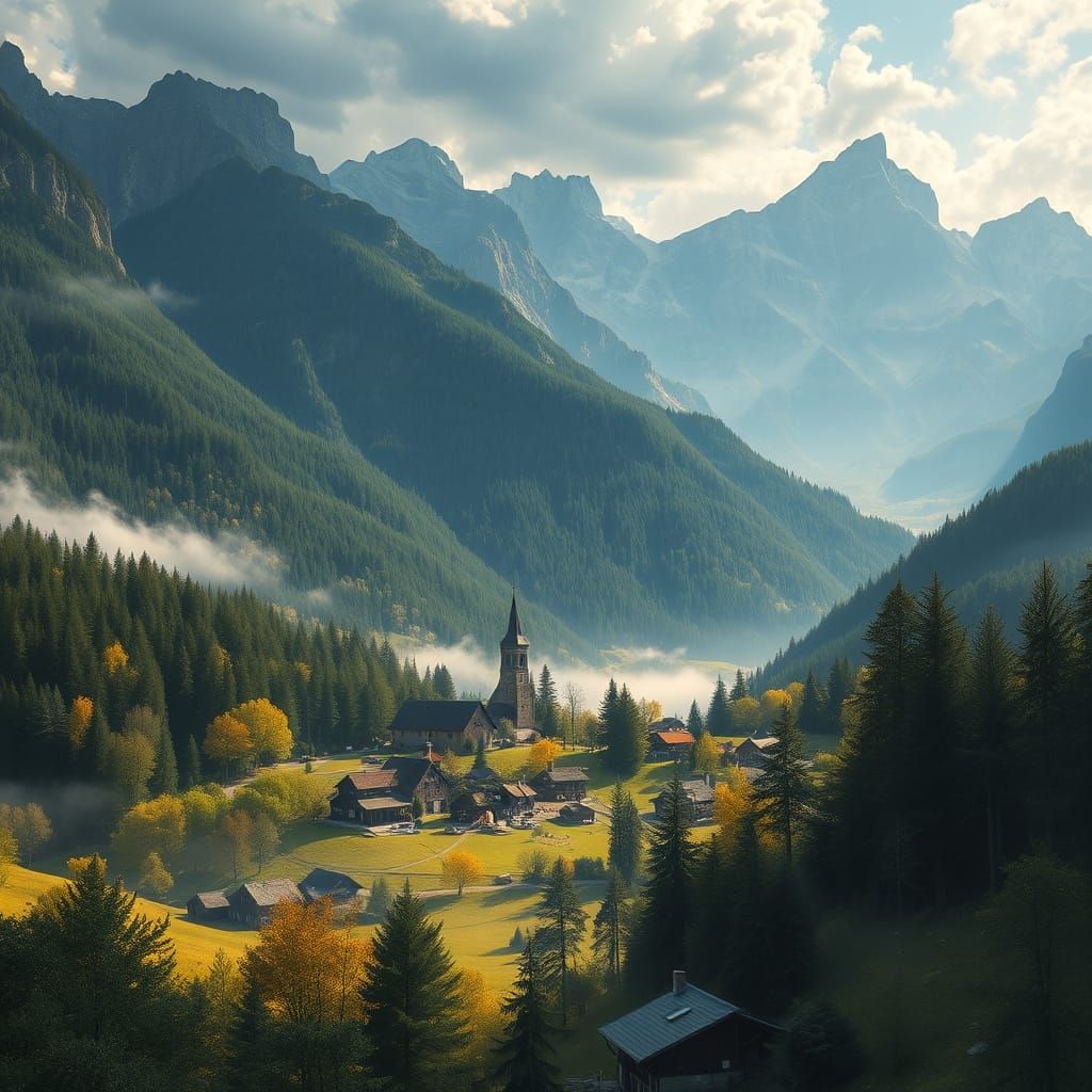 Idyllic Village Landscape in Romantic Style