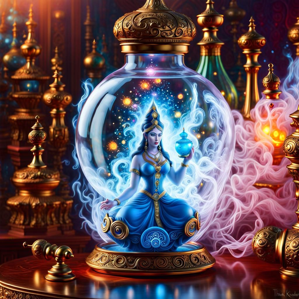 Hyperrealistic Genie Trapped in Ornate Glass Bottle