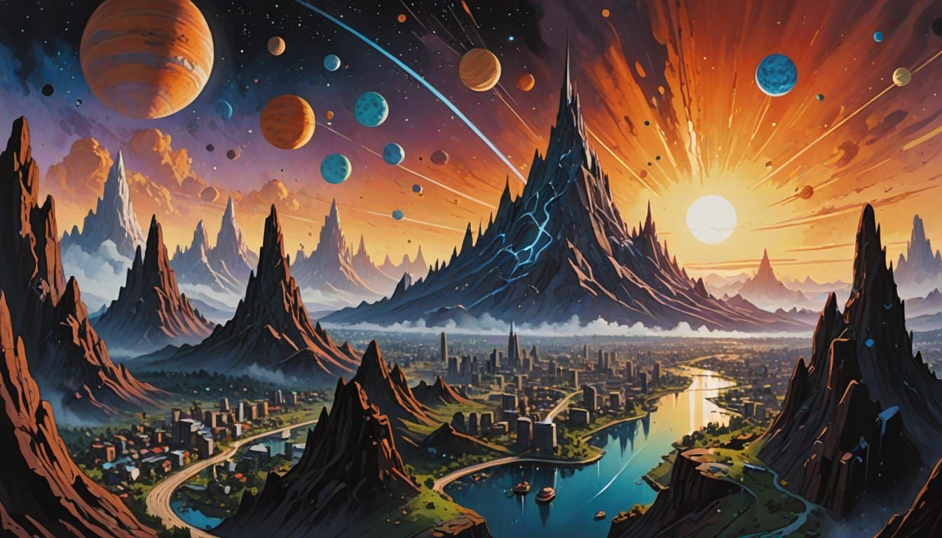 Cosmic City Painting with Sinister Planets