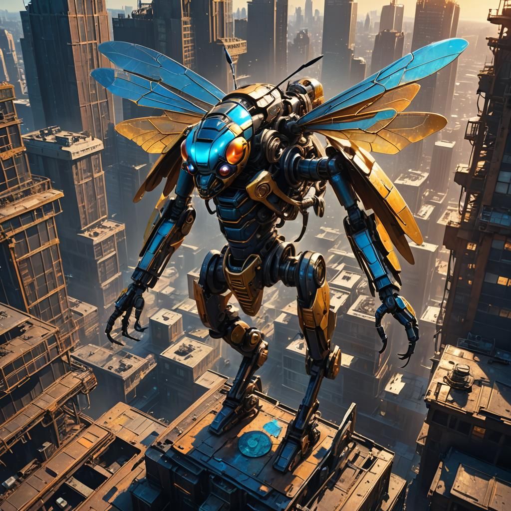 Giant Mutant Wasp on Rusted Skyscraper, Sci-Fi Art