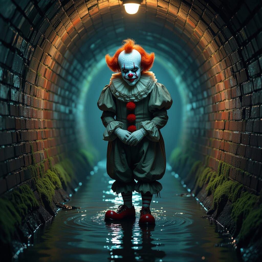 Sad Clown Lost in Dimly Lit Sewer