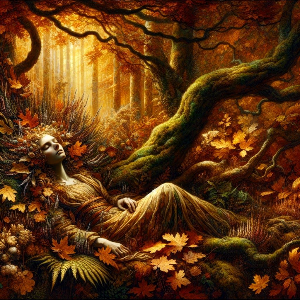 Dryad Slumbering in Autumnal Woodland Scene