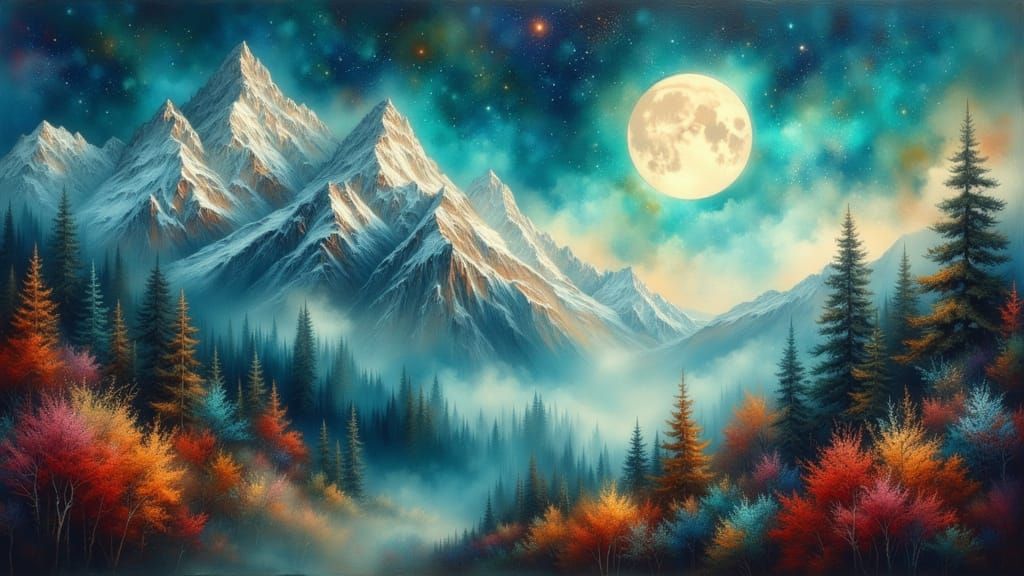 Majestic Mountain Nightscape in Oil Paint