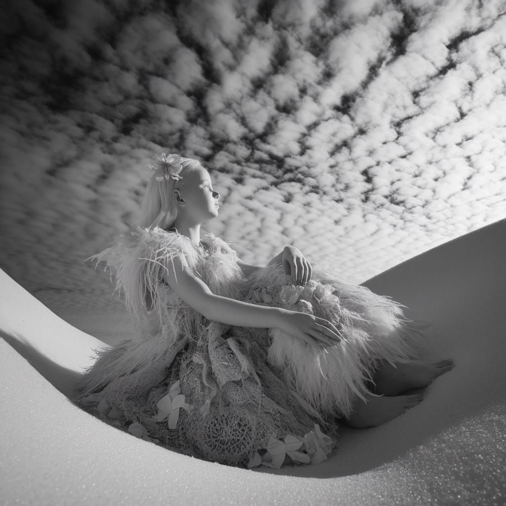 Albino Girl in White Snowscape Under Cloudy Sky