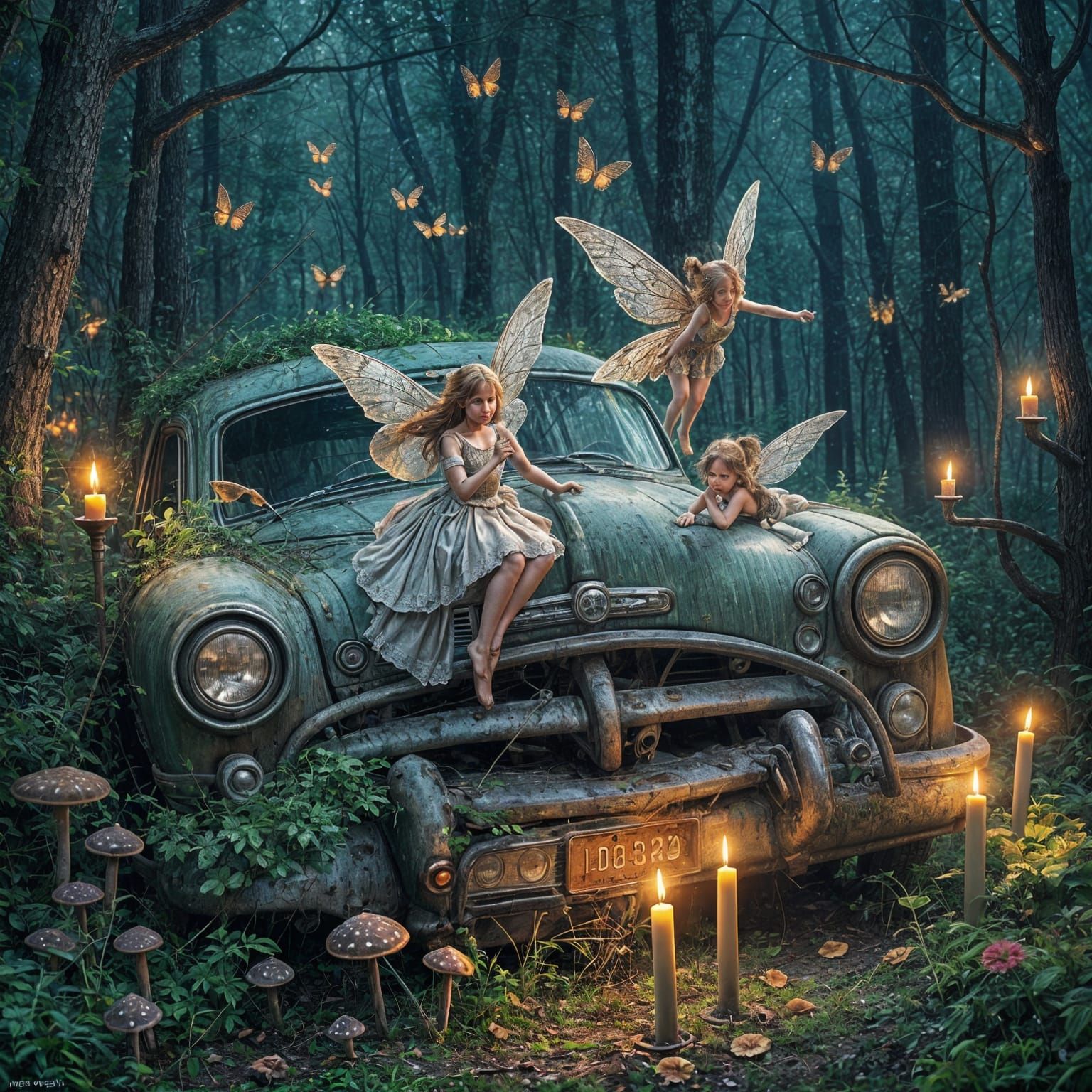 Fairies in Enchanted Forest with Old Car