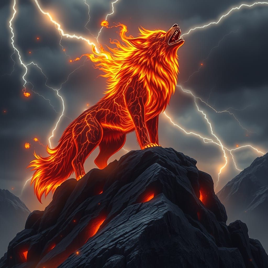 Majestic Fire Wolf on Rocky Cliff, Illuminated by Lava-Like ...