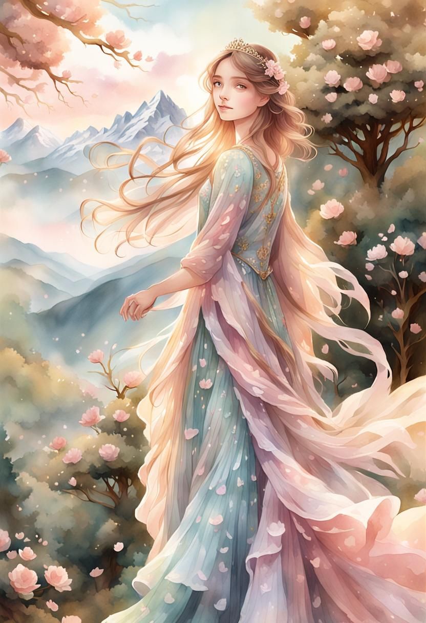 Princess on Mountaintop in Watercolor Flower Dress