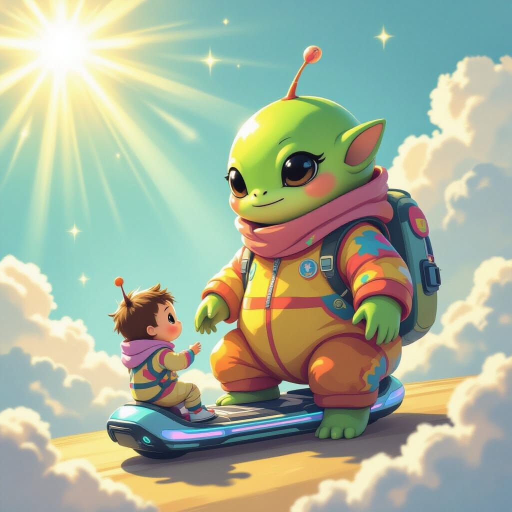 Alien Teaches Child Hoverboard in Whimsical Style