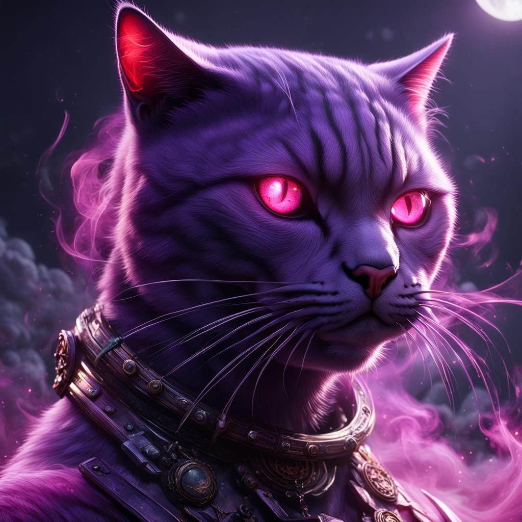Purple Cat with Red Smoke, 3D Cinematic Render