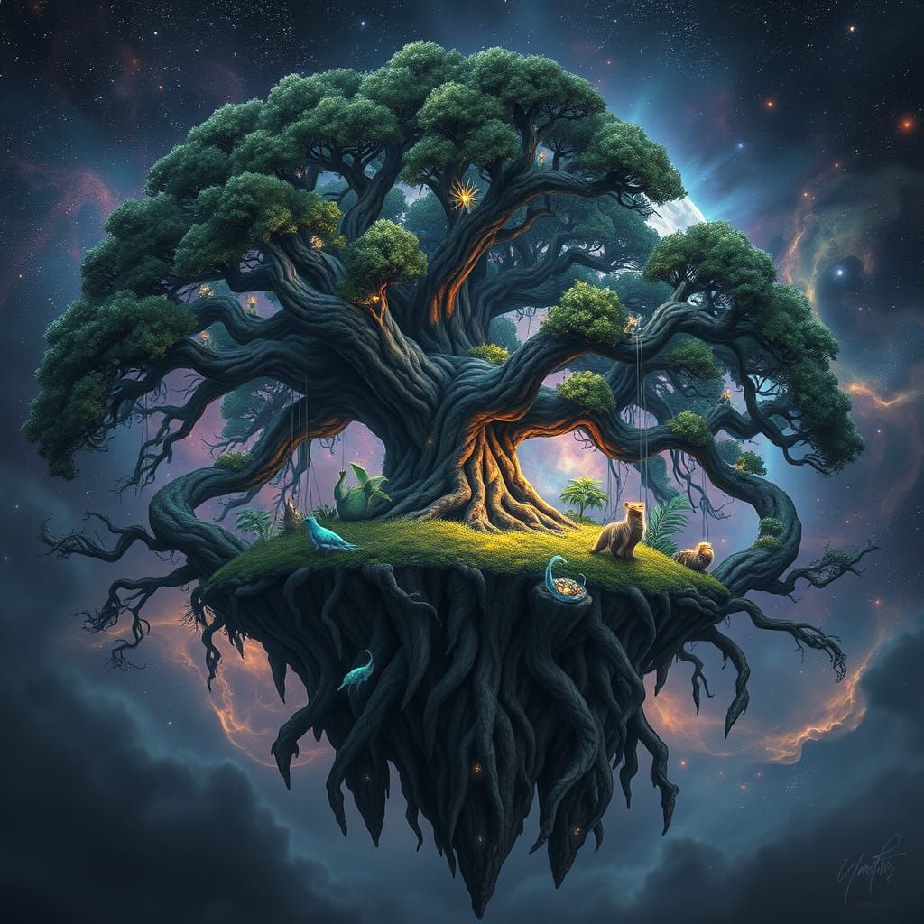 Ancient Tree Island Floating in Cosmic Nebula