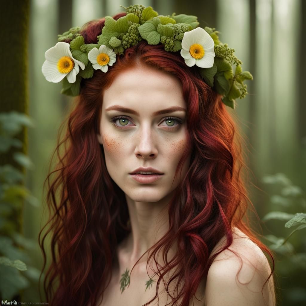 Young Woman Portrait with Forest Flowers and Vines