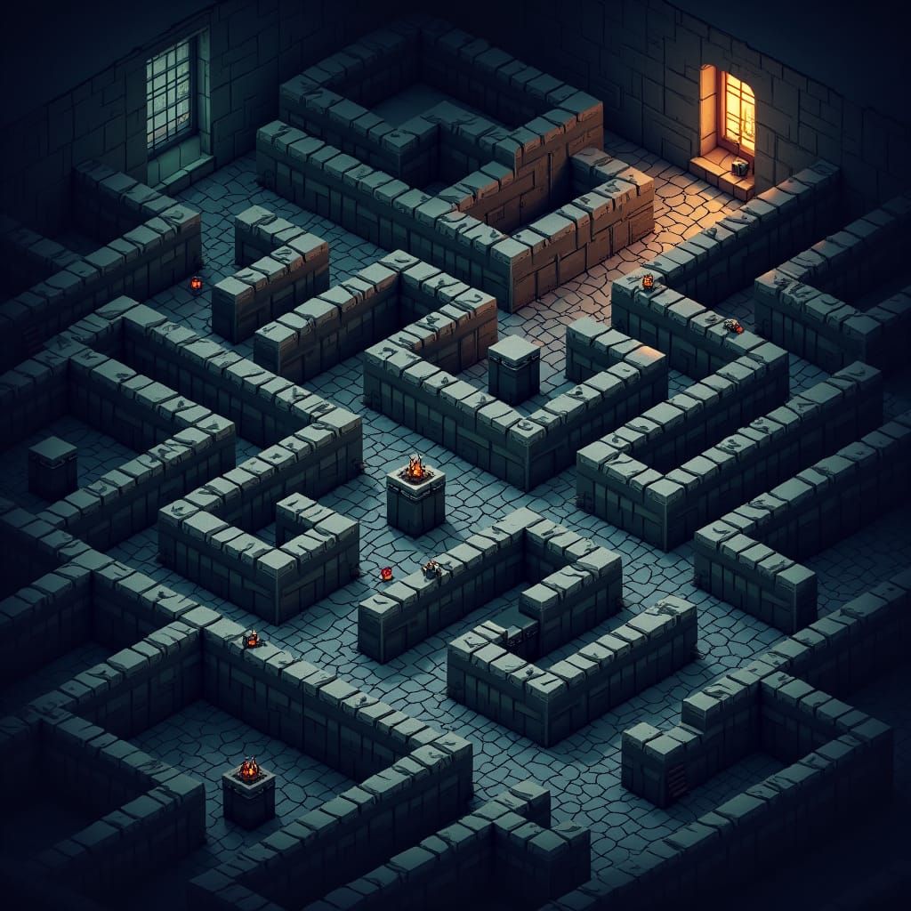 Eerie Isometric Pixel Maze with Enemies and Traps