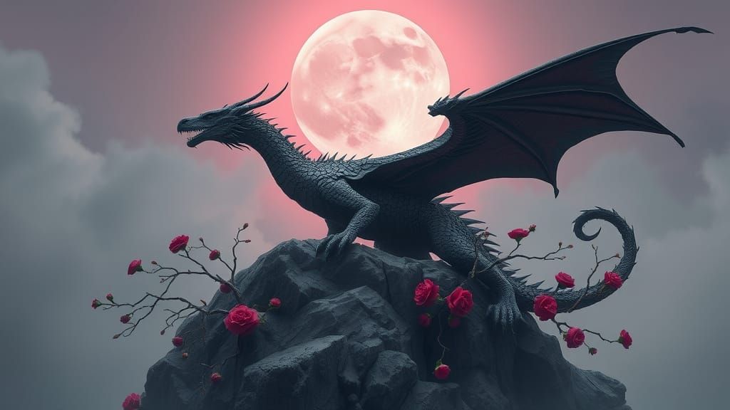 Ethereal Dragon Amidst Pink Moonlit Landscape