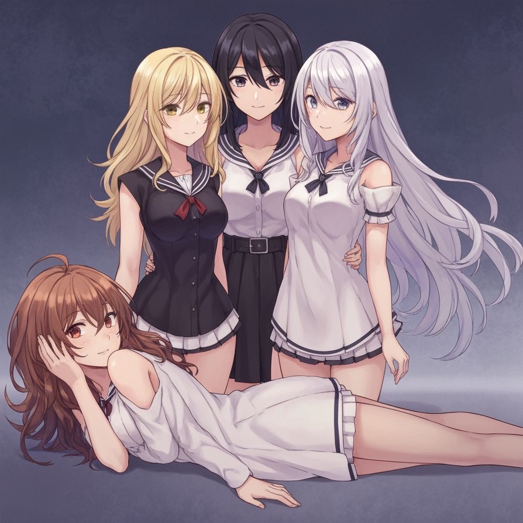 Three Anime Girls Standing, One Lying Down