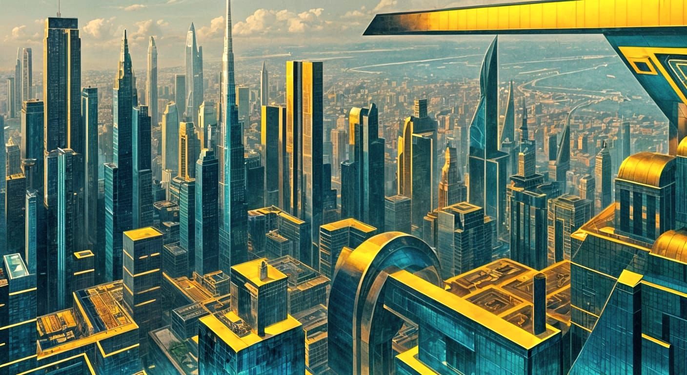 Art Deco Retrofuturist Cityscape in Bronze and Gold