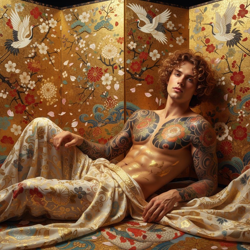 Photorealistic Man Reclining Amidst Golden Mosaic