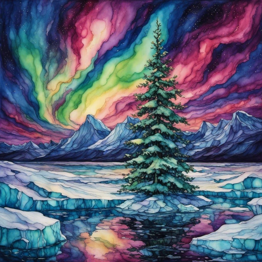 Spitsbergen Aurora Borealis at Polar Night in Inkwell Style