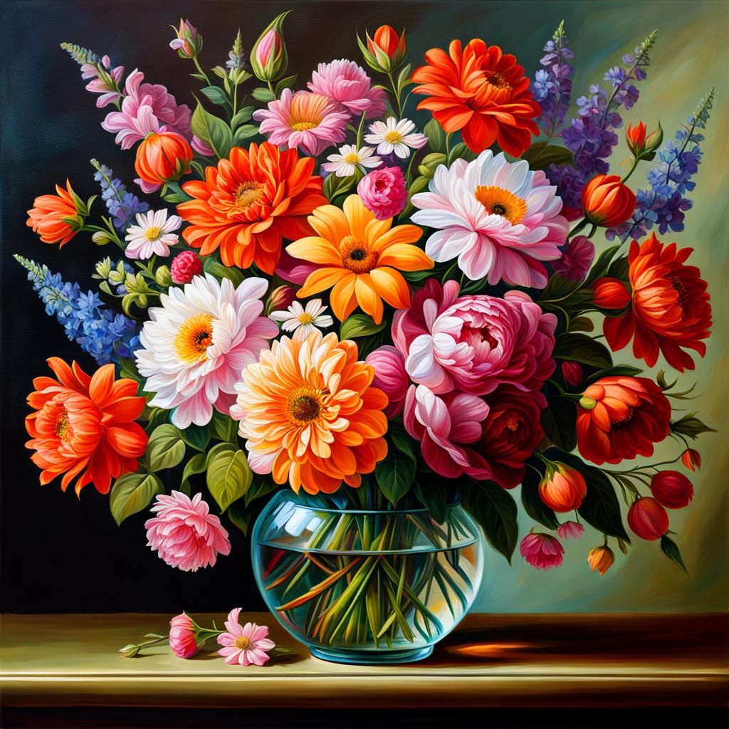 Vibrant Floral Bouquet Oil Painting