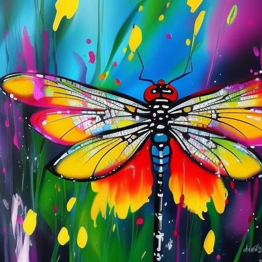 Dragonfly on Flower in Vivid Oil Painting Style