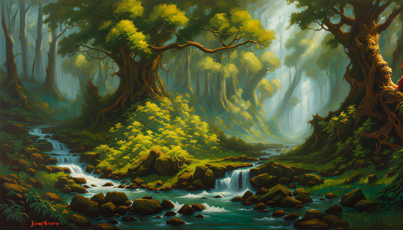 Lush Forest Landscape in Oil Painting Style