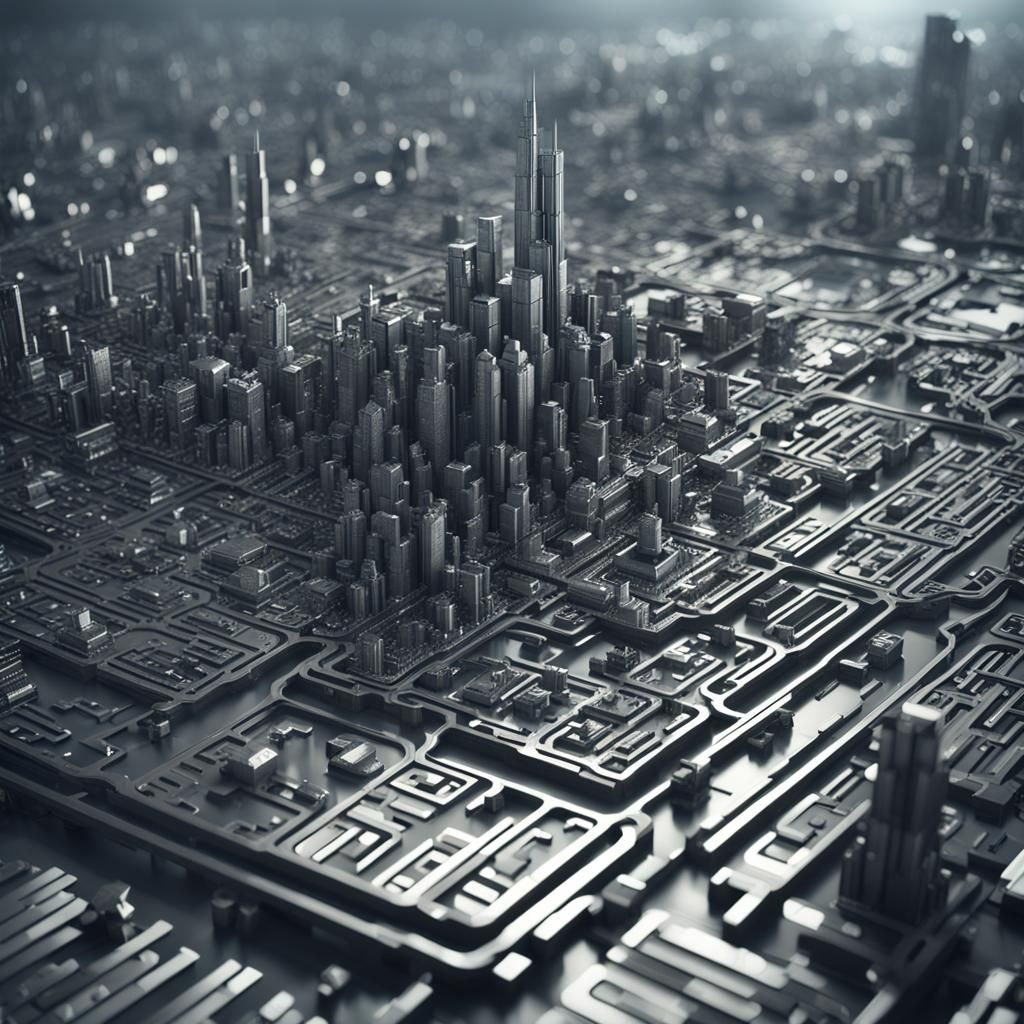 Futuristic City Map Crafted from Steel Cyrillic Letters