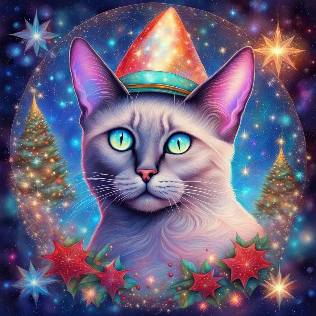 Siamese Cat in Christmas Fairy Tale: Cosmic Illustration