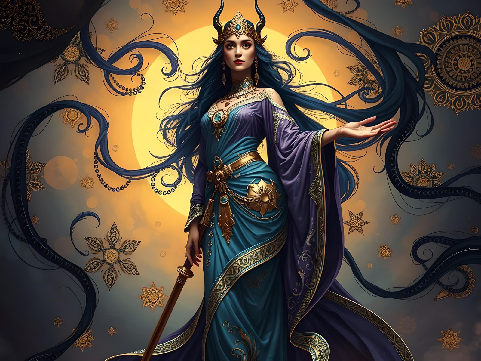 Gigantic Elegant Lady in Hyper-Realistic Jugendstil Art