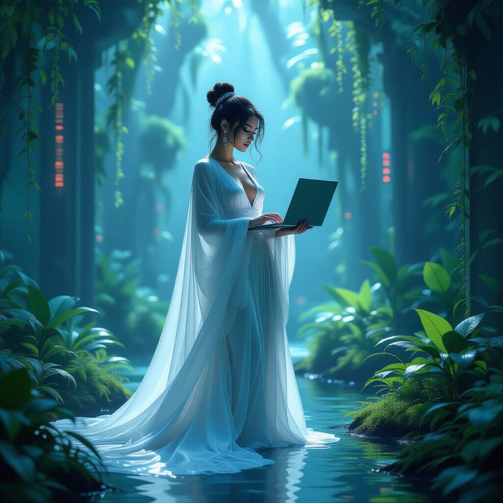 Ethereal Fashion Influencer in Futuristic Overgrown Cityscap...