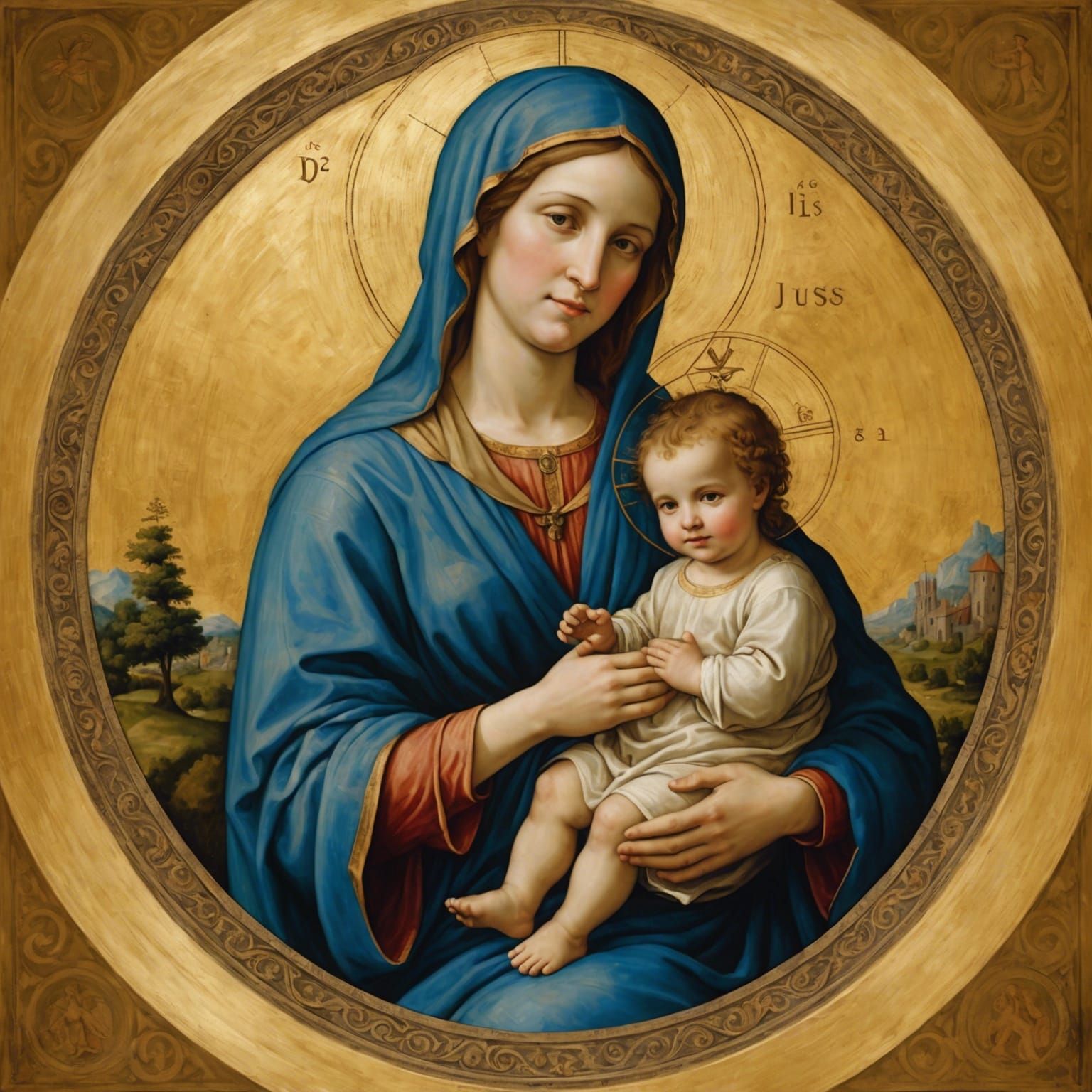 Mary and Jesus: Renaissance-Style Circular Oil Painting